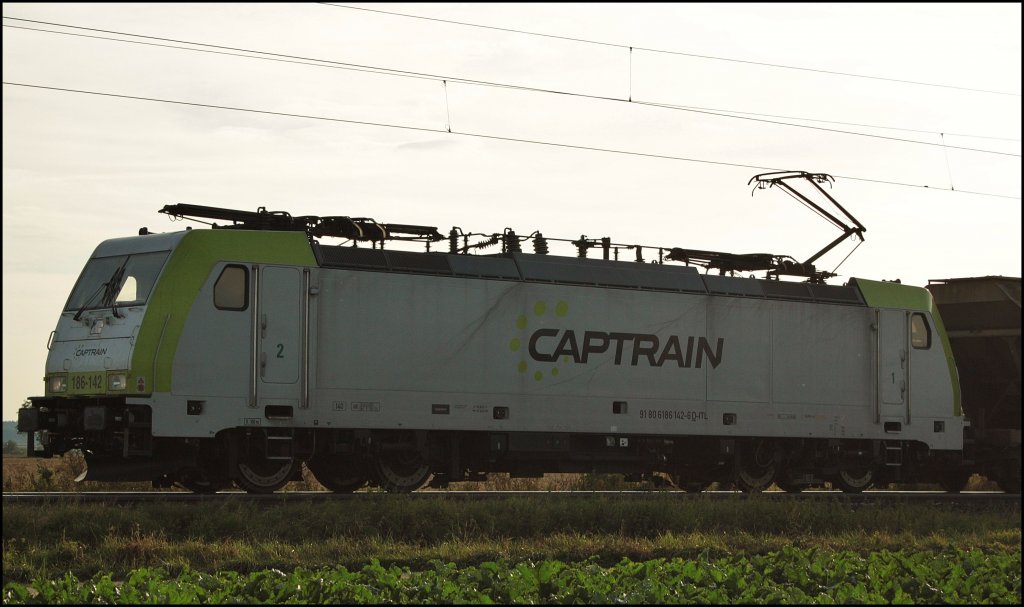 Hier nochmals die Captrain 186 142 als Lokportrait. (03.09.2010, Mangolding)