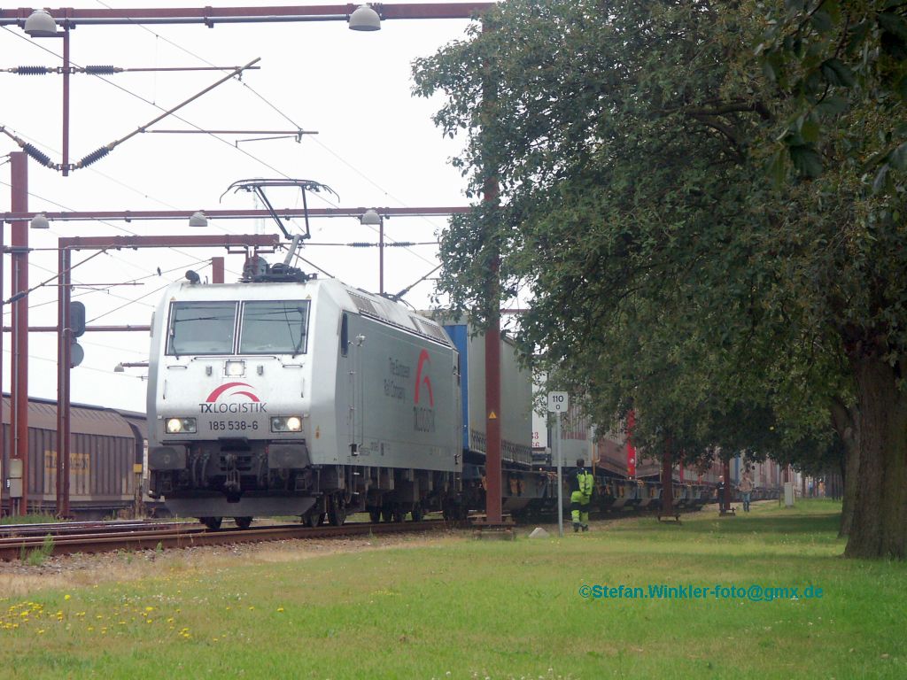 Hoffentlich keine Doublette in meinem Sortiment: Traxx-Lokomotive im Bf Padborg, 04.07.2009. Rechts neben den Bumen geht der Weg, Zugang zum Bf. von der tiefergelegenen quer verlaufenden Strae. Weiter rechts davon nochmal 2 oder 3 Gleise....