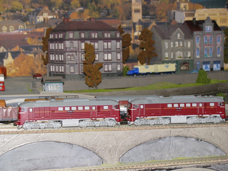 Hohenfichte, Modellbahn-Schau; Doppeltraktion der BR 120 338-9 und 120 296-8 der  DR , Hohenfichte 06.06.2010