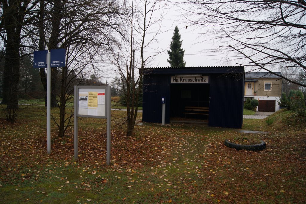 HP Krauschwitz,kleiner gepflegter Haltepunkt der Burgenlandbahn welcher wohl nicht mehr lang so zu sehen ist,da die Strecke Naumburg-Teuchern mit dem Fahrplanwechsel am 12.12.2010 eingestellt wird. am 22.11.2010