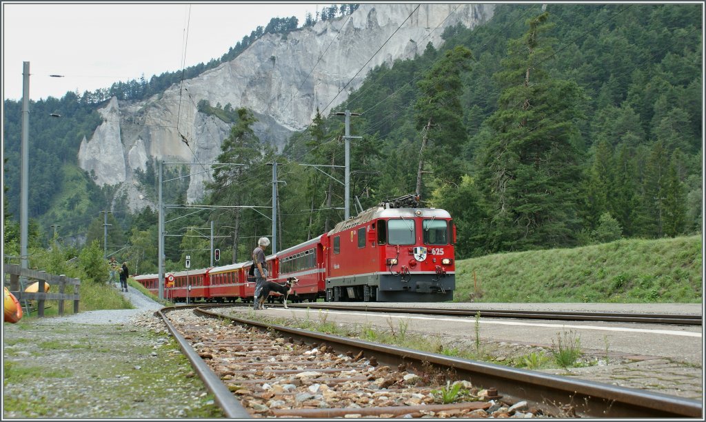 Hund, bzw. Herrchen sei Dank - denn sie attestieren, dass der in Versam - Safien einfahrende RE 1249 nicht vom unzugängliche Gleisbereich fotografiert wurde. 
13. August 2010