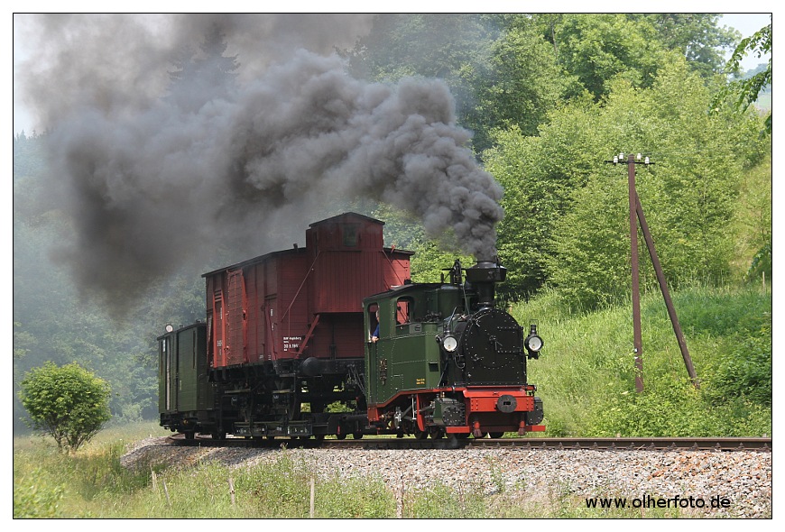 I K Nr.54 mit einem kurzen Rollwagenzug vor dem Hp. Wildbach. Aufgenommen whrend einer Fotogterzugveranstaltung am 25.06.2010.