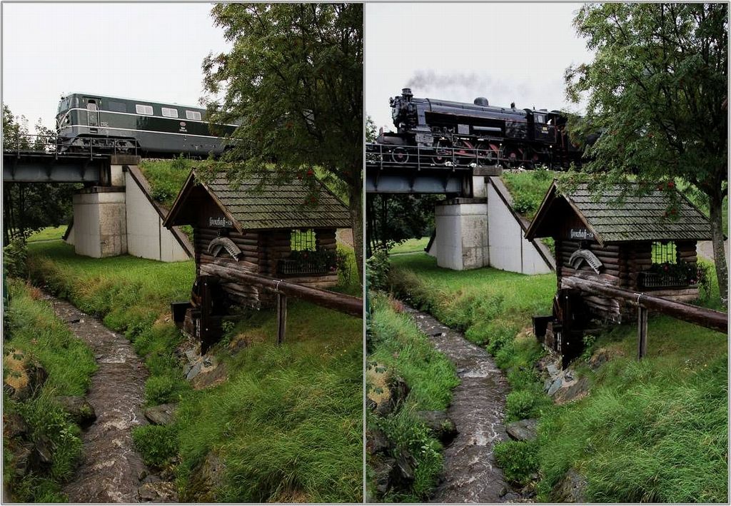 IGE-�sterreich Rundfahrt - Am 21. August 2012 ging es von Graz �ber den Wechsel und die Aspangbahn nach Wien. �ber die Wechsel-Bergstrecke fuhren die beiden Dampfloks 33 132 und 52 100 getrennt, jeweils mit zwei Vorspann-Dieselloks der Reihe 2050/2143. Die Aufnahmen zeigen den ersten Zug mit der 2050 05 und der dahinter eingereihten 52 100 bei schwierigen Wetterbedingungen bei der Durchfahrt in Tauchen.