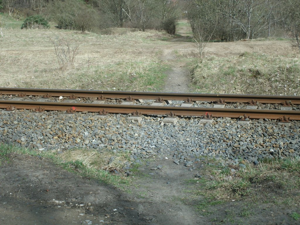 Illegaler Bahnbergang an der Strecke Bergen/Rgen-Lauterbach Mole bei Bergen/Rgen am 04.April 2011,der schon jahrelang als Abkrzung genutzt wird.