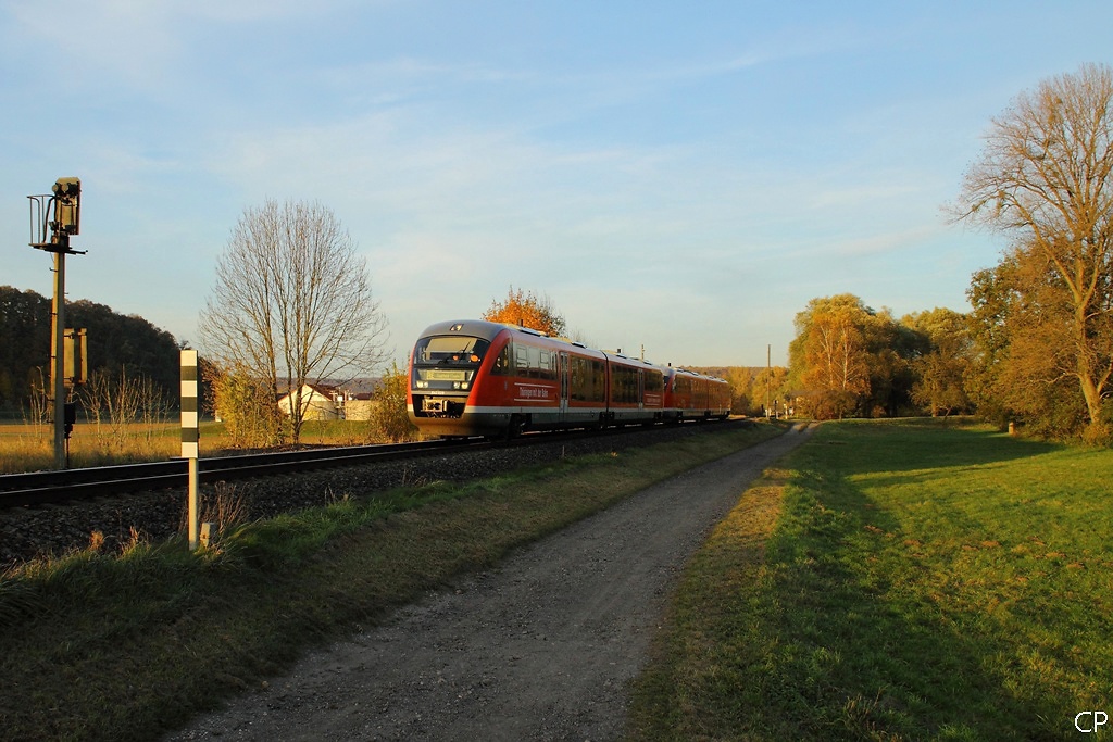Im Abendlicht nhert sich ein Desiro-Prchen mit 642 028 an der Spitze dem Haltepunkt Crossen Ort. (29.10.2010)