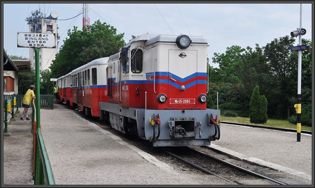 Im Anschluss an die Fogaskerekvast/Zahnradbahn verkehrt ab Szchenyi-hegi die 12km lange Gyermekvast/Kindereisenbahn durch die Budaer Berge bis nach Hvsvlgy. Zuglok ist die rumnische MK45-2004. (11.05.2013)