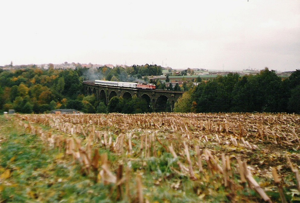 Im August 1998 befuhr ein RE das Barrebachviadukt in Chemnitz-Furth, bespannt mit einer Lok der BR 219.