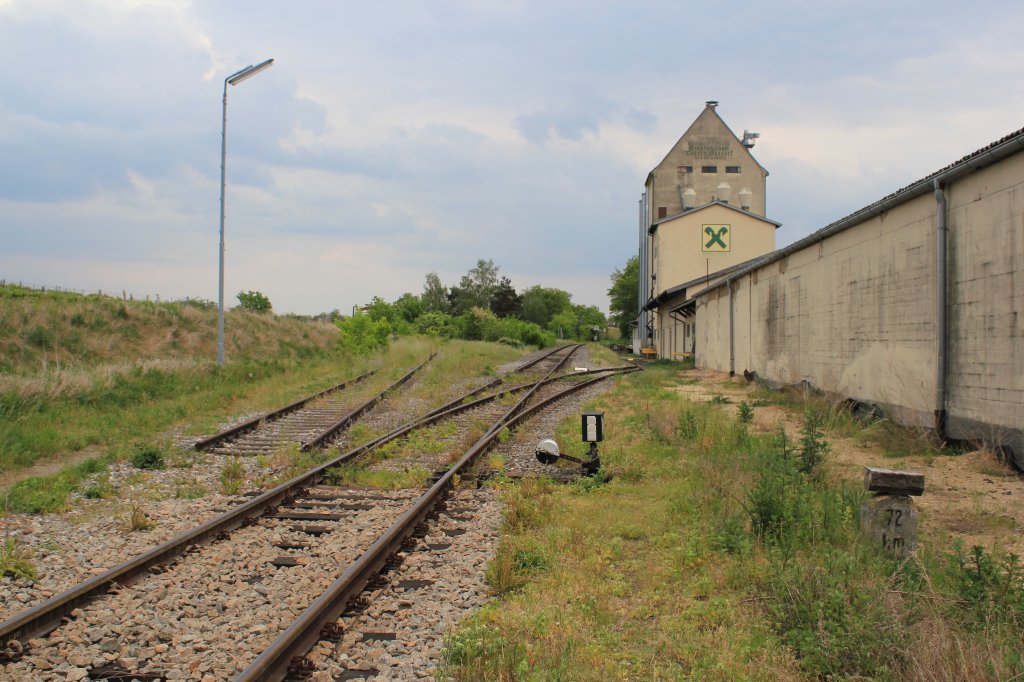 Im Bahnhof Dobermannsdorf zweigt auch eine Nebenbahn nach Poysdorf ab. Im Mai 2012 bot sich dieser Anblick bei der stlichen Bahnhofsausfahrt. Das linke Gleis fhrt nach Poysdorf. Zu diesem Zeitpunkt war die Weiche schon entnommen. Im Jahr 2012 wurden die Geleise der Poysdorfer Bahn abmontiert.