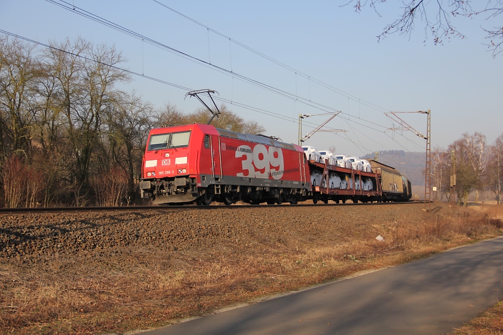 Im Blockabstand hinter dem MWB Stier kam dann noch 185 399-3 mit gemischtem Gterzug in Fahrtrichtung Sden. Und danach gig's dann wieder zurck ins warme! Aufgenommen am 01.02.2012 kurz vor Eschwege West.