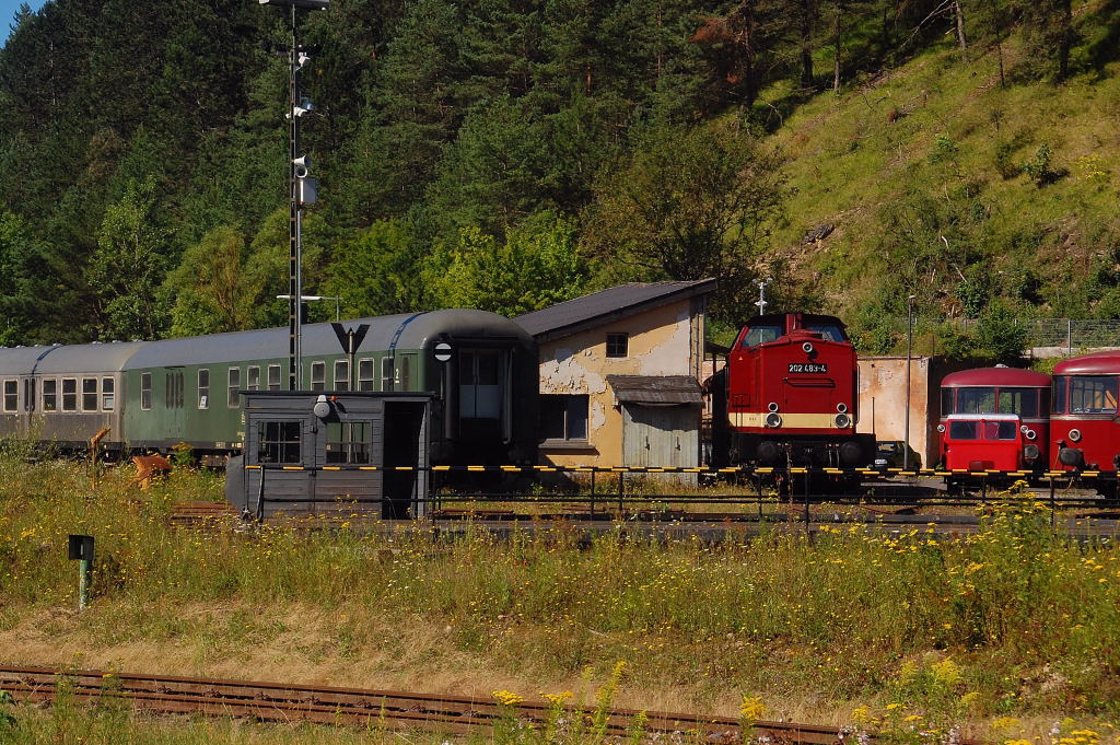 Im BW Gerolstein stehen an der Drehscheibe so einige interessante Fahrzeuge abgestellt.......unteranderem auch die 202 483-4. Das Foto wurde aus dem fahrenden Zug gemacht. 18.8.2012