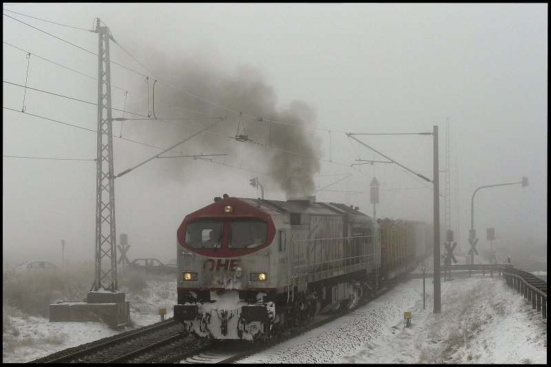 Im dichten Eisnebel verlsst OHE 330092 mit einem Holzzug von Mukran am 06.01.2010 die Ausweichstelle Langendorf in Richtung Rostock.