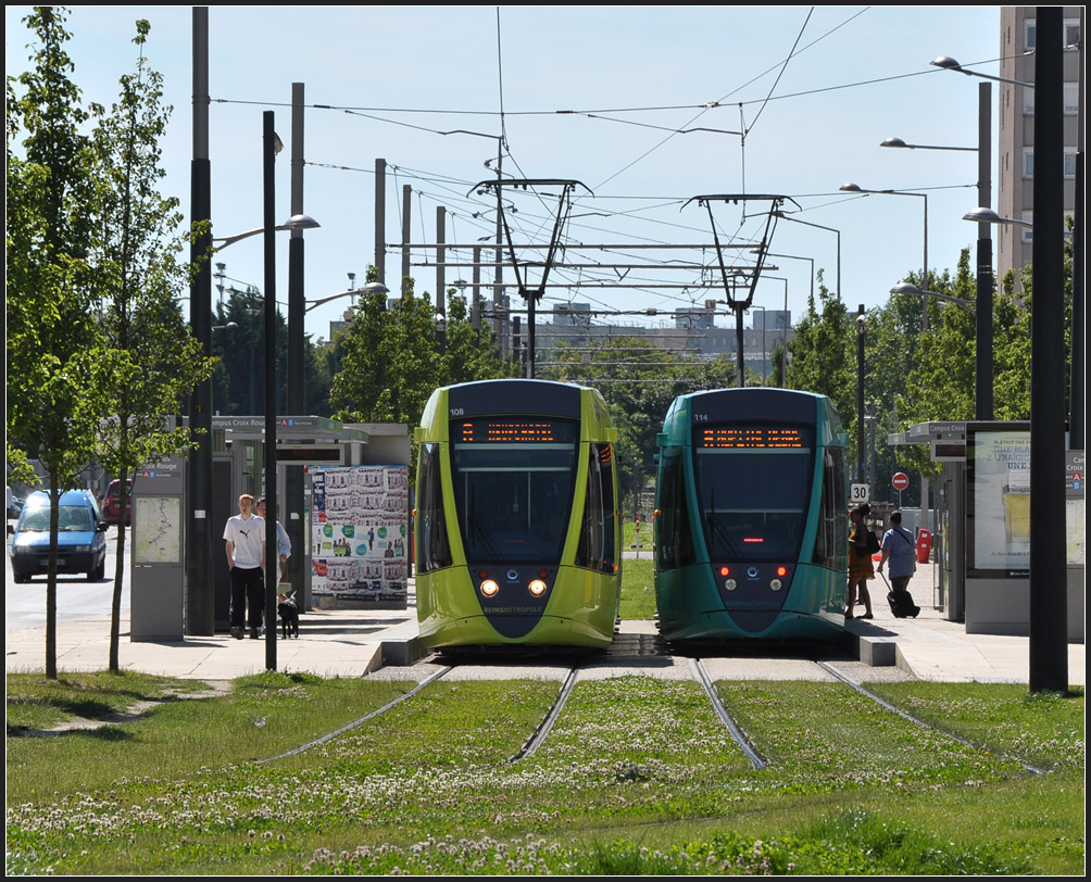 Im Gegenlicht - 

An der Haltestelle  Campus Croix Rouge  stehen zwei Straßenbahnen in zwei der acht Farben. 

23.07.2012 (J)