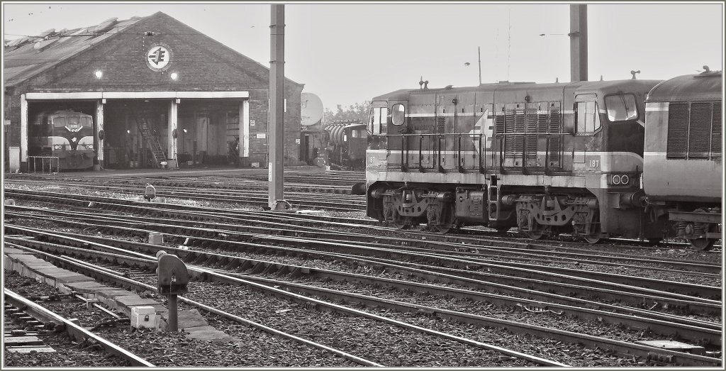 Im Gleisvorfeld und Gegenlicht, (deshalb S/W) von Dublin Connolly entdeckt: BB 187 und CC 073.
Hinweis: Das Bild wurde vom Bahnsteig aus gemacht. 
3. Okt. 2006