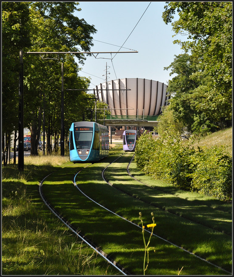 Im Grünen - 

Zwischen den Station  Campus Croix Rouge  und  Saint John Perse  verläuft die Bahnstrecke durch ein kleines Waldstück. Hier begegnen sich zwei Bahnen mit einem architektonisch markanten Hörsaalgebäude im Hintergrund. 

23.07.2012 (J)