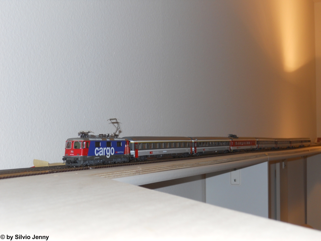 Im Jahre 2002 nahmen erstmals die Re 421 den Betrieb auf den EC 19x Zrich - Lindau (-Mnchen) auf. Mir gefielen diese Zge sehr, da regulr eine Cargo-Lok einem Perosnenzug vorgespannt war. 8 Jahre spter ging der Wunsch, einen ''Mnchner''-EC im Massstab 1:87 zu haben in Erfllung, hierzu kaufte ich mir von HAG die Re 421 374-0