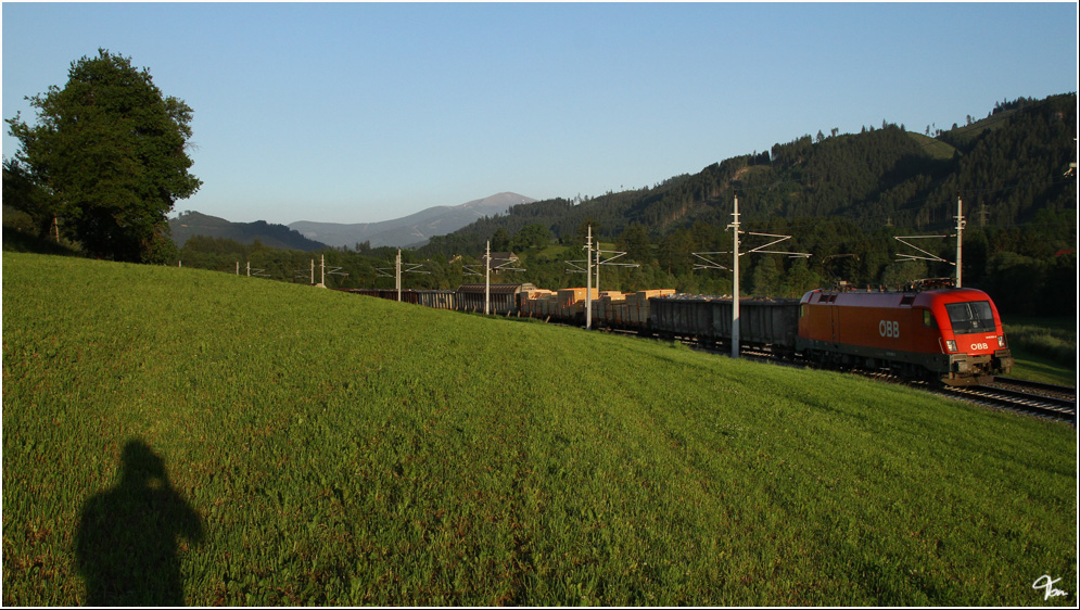 Im letzten Abendlicht fhrt 1016 005 mit einem Gterzug von Wien Zvbf nach Villach. 
Thalheim 26.5.2011