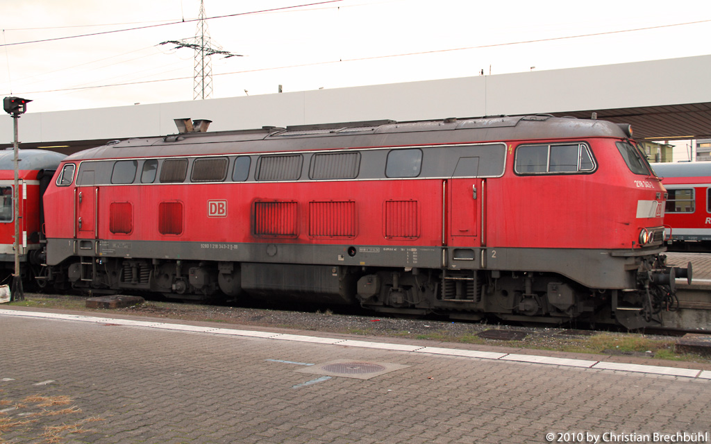 Im Pendlerverkehr f�r das Wiesental, die DB BR 218 343-2 im Bad Bhf Basel am 19.11.2010.