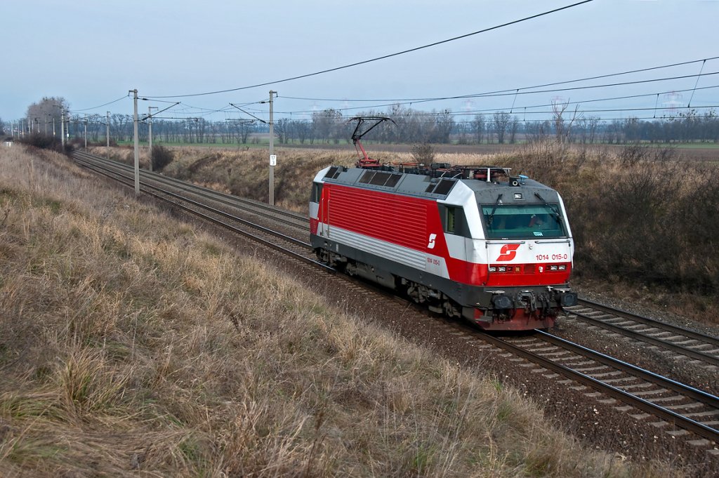 Im Zuge von Streckenschulungsfahrten war 1014 015 als SLZ 95483 auf der Ostbahn unterwegs. Die Aufnahme entstand am 26.11.2010 bei Gramatneusiedl.
