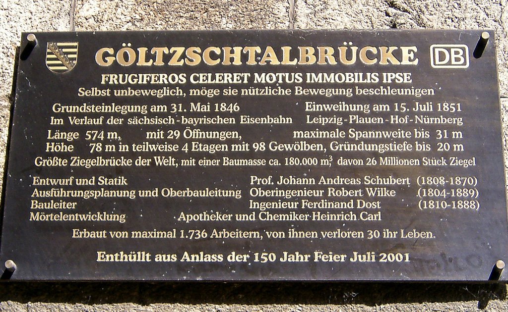 Impressionen von der Gltzschtalbrcke. Gedenktafel an der Gltzschtalbrcke, anlsslich des 150. Jubilums im Jahre 2001 angebracht. Sommer 2008.