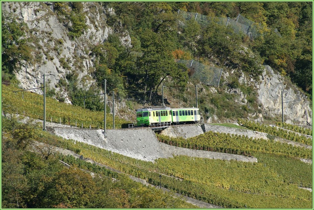 In den bunten Herbstweinbergen ist der AL Regionalzug nach Leysin kaum zu sehen. Das Bild entstand mit reichlich Zoom beim Chteau d' Aigle. 
21.Okt.2010