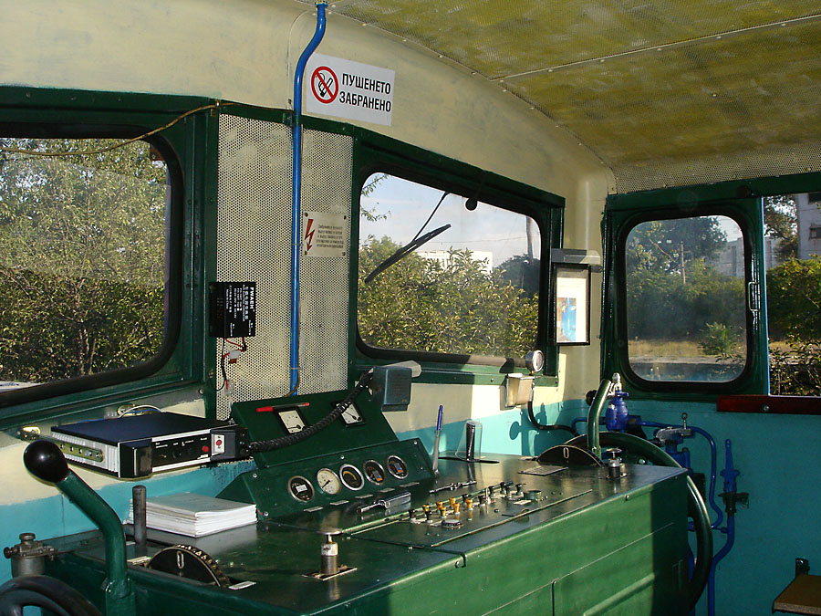 In-cab photo of the  Pavel  V10B small diesel locomotive.