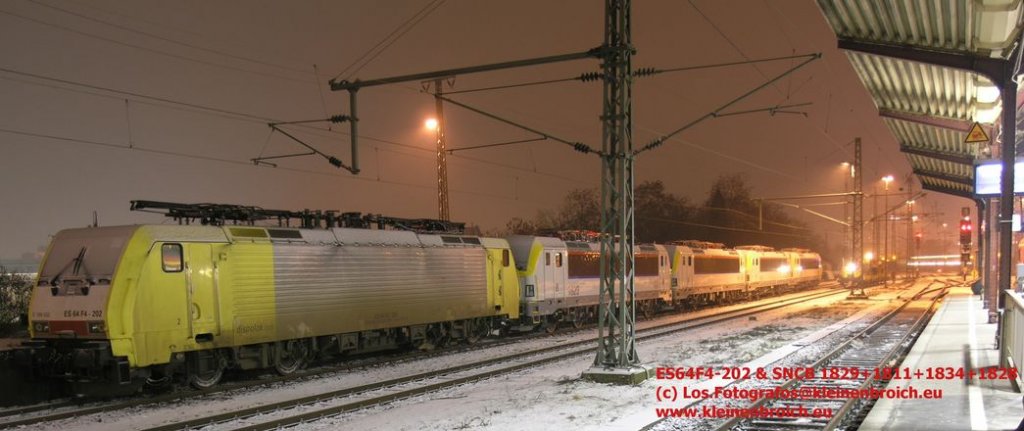 In der der Nacht des 12.2.2010 stehen in M�nchengladbach Hbf ES64F4-202 und f�r die SNCB 1829 + 1811 + 1834 + 1828

Oder f�r die ganz Genauen:
Siemens Dispolok E 189-202  ES 64 F4-202 und
Siemens EuroSprinter ES60U3  SNCB/NMBS HLE18 SIEMENS 91 88 0018 029-4 BE-SNCB
Siemens EuroSprinter ES60U3  SNCB/NMBS HLE18 SIEMENS 91 88 0180 110-4 B-(B)  und
Siemens EuroSprinter ES60U3  SNCB/NMBS HLE18 SIEMENS 91 88 0180 340-7 B-(B)  und
Siemens EuroSprinter ES60U3  SNCB/NMBS HLE18 SIEMENS 91 88 9918 028-6 BE-SNCB

