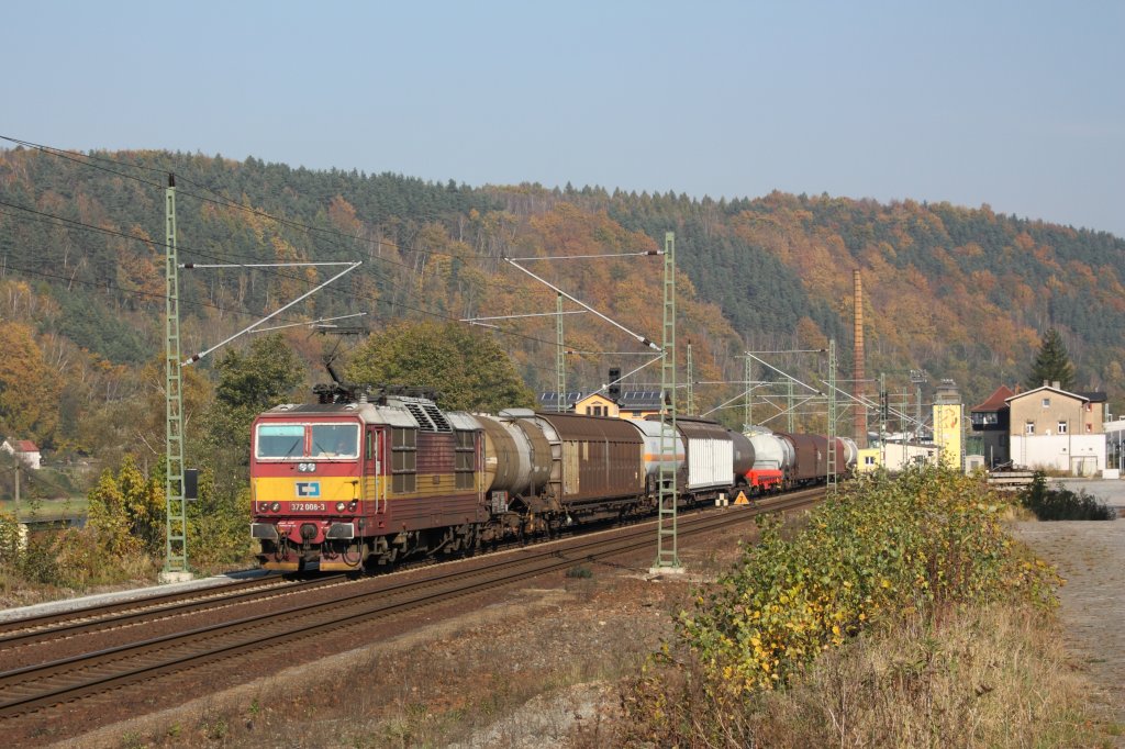 In Knigstein konnte 372 008-3 mit einem kurzen gemischten Gterzug abgelichtet werden. Die Fahrt ging in Richtung Dresden (23.10.2010).