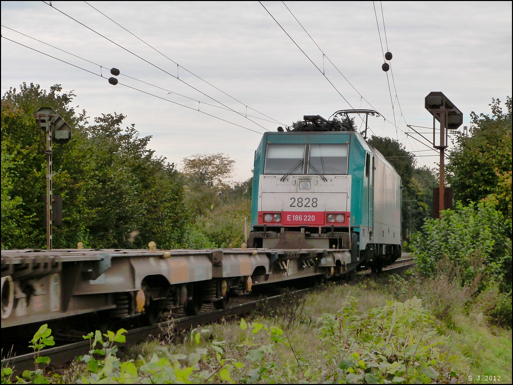 In zgiger Fahrt rollt diese belgische Cobra (2828) mit ihrer Fracht im Schlepptau
downtown nach Aachen West. Location: Gemmenicher Weg ,Aachen im Oktober 2012. 