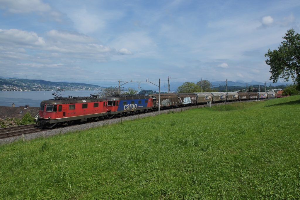 Infolge eines Erdrutsches bei Immensee  war die Strecke Arth-Goldau-Rotkreuz vom 02.06.2013 bis und mit 04.06.2013 unterbrochen, weshalb smtliche Gterzge ber Zrich umgeleitet wurden. So bot sich mir am 04.06.2013 in Horgen Oberdorf die Gelegenheit, die Re 4/4 II 11313 und die Re 620 058-8 mit einem Gterzug vor der Kulisse des Zrichsees aufzunehmen.