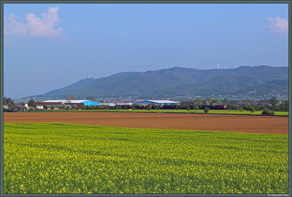 Inmitten blühender Rapsfelder zieht eine 155 den gemischten Güterzug 54856 aus Engelsdorf vor der eindrucksvollen Kulisse des Kyffhäusergebirges Richtung Nordhausen. Links das Kyffhäuserdenkmal, rechts der Fernsehturm und in der Mitte die Rothenburg. (bei Berga-Kelbra, 05.05.2013)