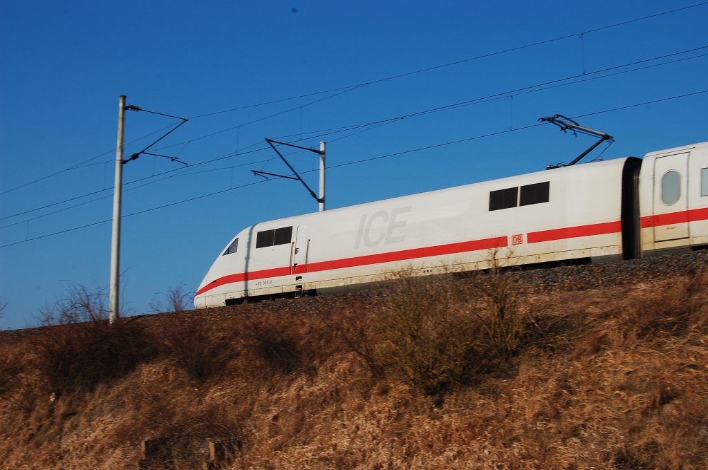 Intercity-Express am 15. Mrz 2012 bei Neustadt Aisch auf der Bahnstrecke Nrnberg - Wrzburg.
