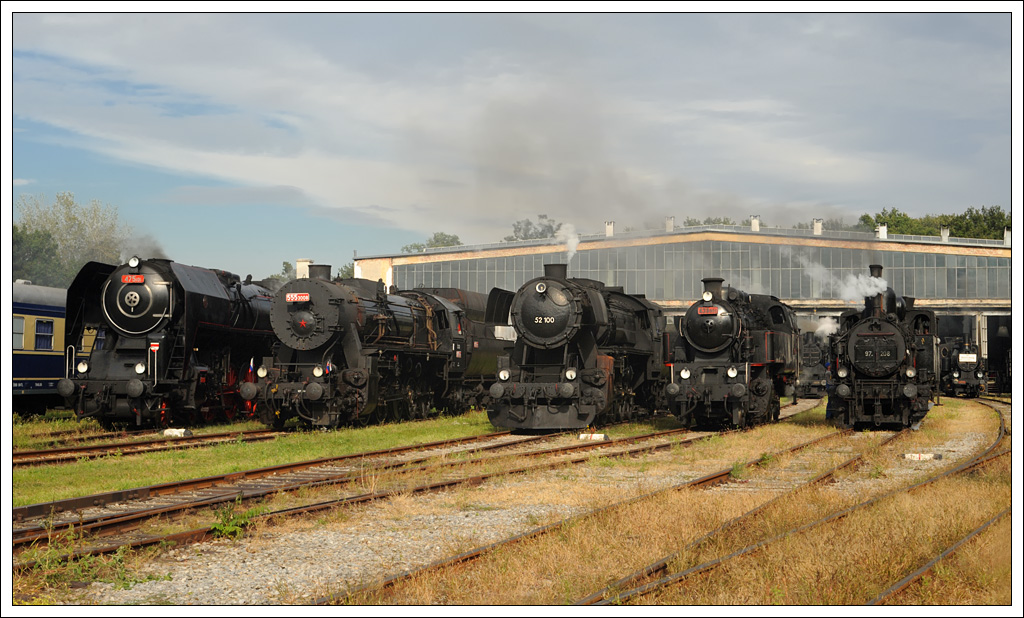 Internationales Dampfloktreffen in Strasshof am 22. und 23.9.2012. Von links nach rechts: 475.101, 555.3008, 52.100, 433.001 und 97.208. Strasshof am 22.9.2012
