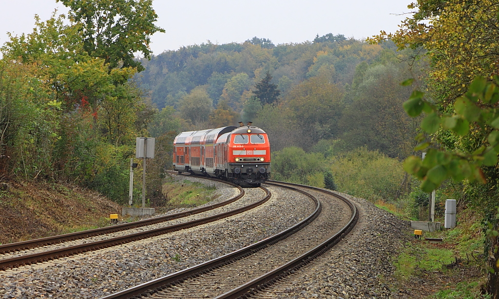 IRE 4209 auf der Fahrt von Ulm nach Lindau, aufgenommen in Hasenwinkel, kurz vor Meckenbeuren. Am Wochenende fahren die IRE von/nach Ulm mit 3 Dosto und einem Fahrradwagen in Form eines n-wagen (16.10.2011)