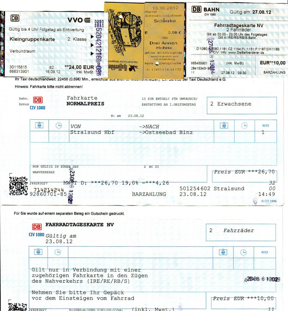 Ist der Zug  sauber und p�nktlich- dann gute Reise - aber man beachte die unterschiedlichen Preise.
Der Fotograf war und  ist auch im Jahre 2012 relativ oft mit der Bahn unterwegs.
Fahrkarten gescannt.