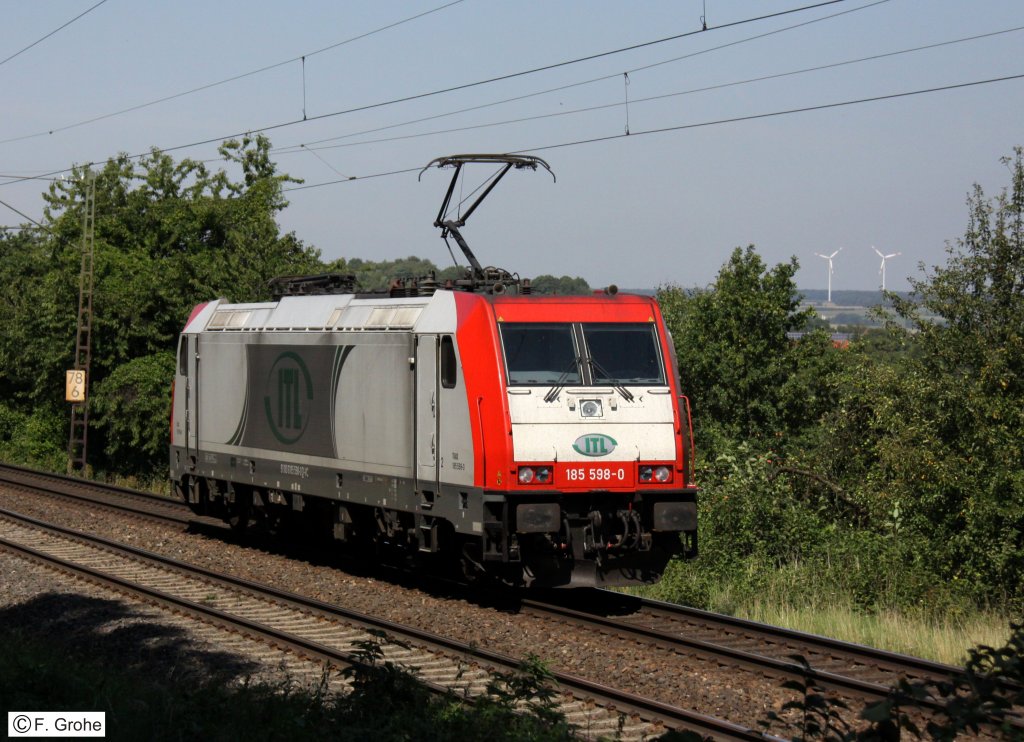 ITL 185 598-0 Leerfahrt Richtung W�rzburg, KBS 920 W�rzburg - Treuchtlingen, fotografiert am 26.08.2011 bei Burgbernheim 