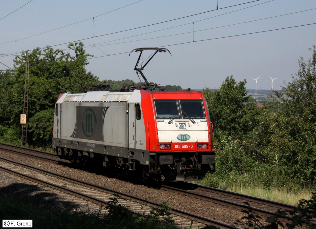ITL 185 598-0 Leerfahrt Richtung Wrzburg, KBS 920 Wrzburg - Treuchtlingen, fotografiert am 26.08.2011 bei Burgbernheim 