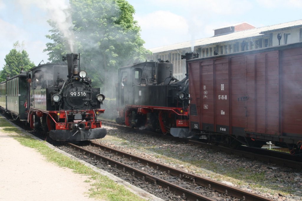 IV. WCd-Schmalspurbahnfestival 12.-13.06.10.Hier Zugkreuzung der beiden Vereinseigenen Dampfloks 99 516 und 99 582 in Sttzengrn.13.06.10.