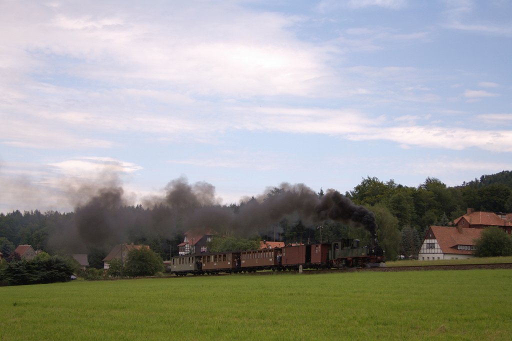 IVK  145  zieht am 05.08.'12 einen Sonderzug Bergwrts Richtung Jonsdorf. Aufgenommen kurz hinter Jonsdorf Hst.
