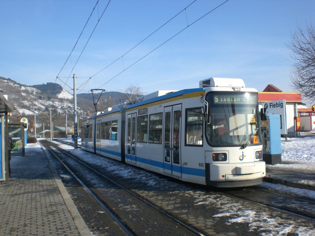 Jena: Straenbahnlinie 5 nach Lobeda-Ost an der Haltestelle Burgau.(28.1.2010)