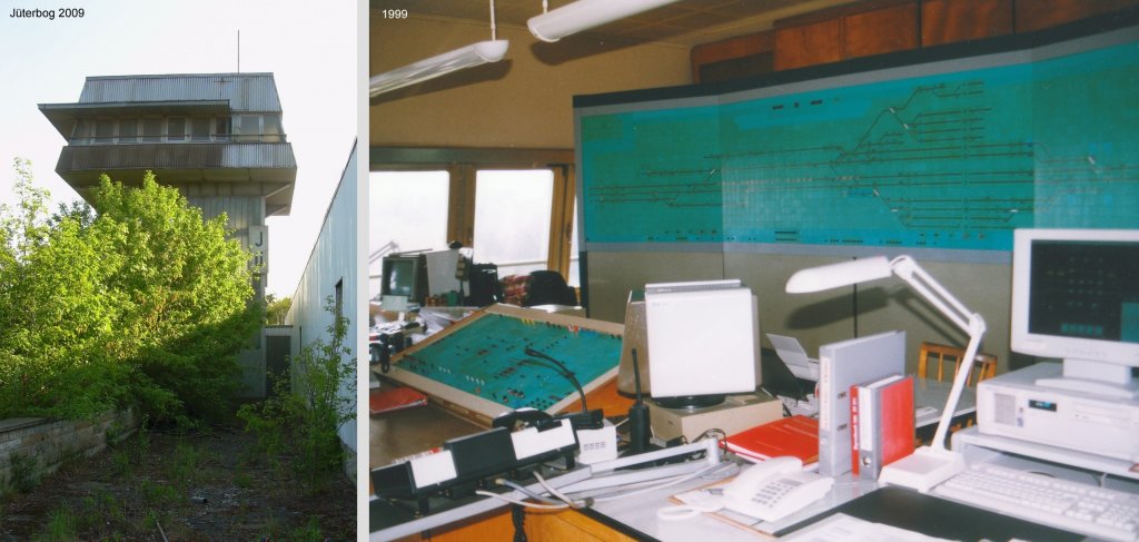 Jterbog im Mai 2009 und Frhjahr 1999. Ehemaliges WSSB / Telesig - Zentralstellwerk J - ersetzte mehrere mechanische Stellwerke 1974 und ist im Mai 1999 selbst dem Estw zum  Opfer  gefallen. Mittlerweile ist auch das Gebude abgerissen worden.