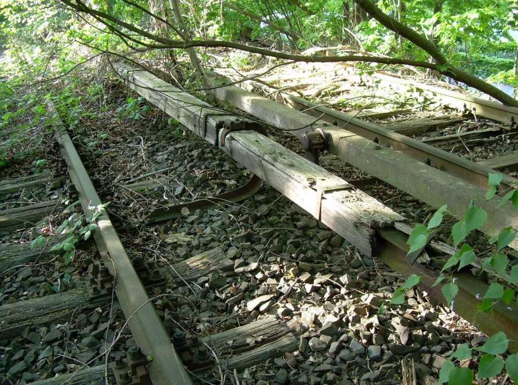 Juni 2008, Berlin, Siemensbahn. Alte Gleise mit Stromschienen, die linke sogar noch mit Holzisolation.