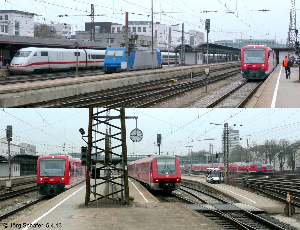 Kameraschwenk nach Sden auf die Bahnsteige des Ulmer Hauptbahnhofs am 5.4.13. Ganz links ein ICE nach Stuttgart, daneben die blaue 185 523, 650 111 und 611 524. 