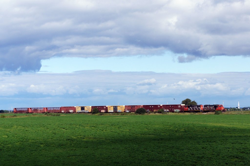 Kanada / Qubec: Eine Gterzug der CN (Canadian National Railway), aufgenommen am Lac Saint-Jean in der kanadischen Provinz Qubec. Aufgenommen im August 2012.
