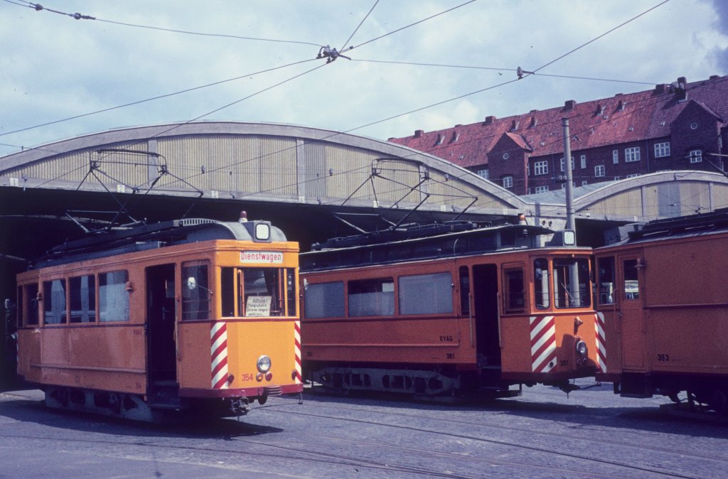 Kiel KVAG Arbeitstriebwagen 354 im Straßenbahnbetriebsbahnhof am 9. Juni 1968. - Scan eines Diapositivs.