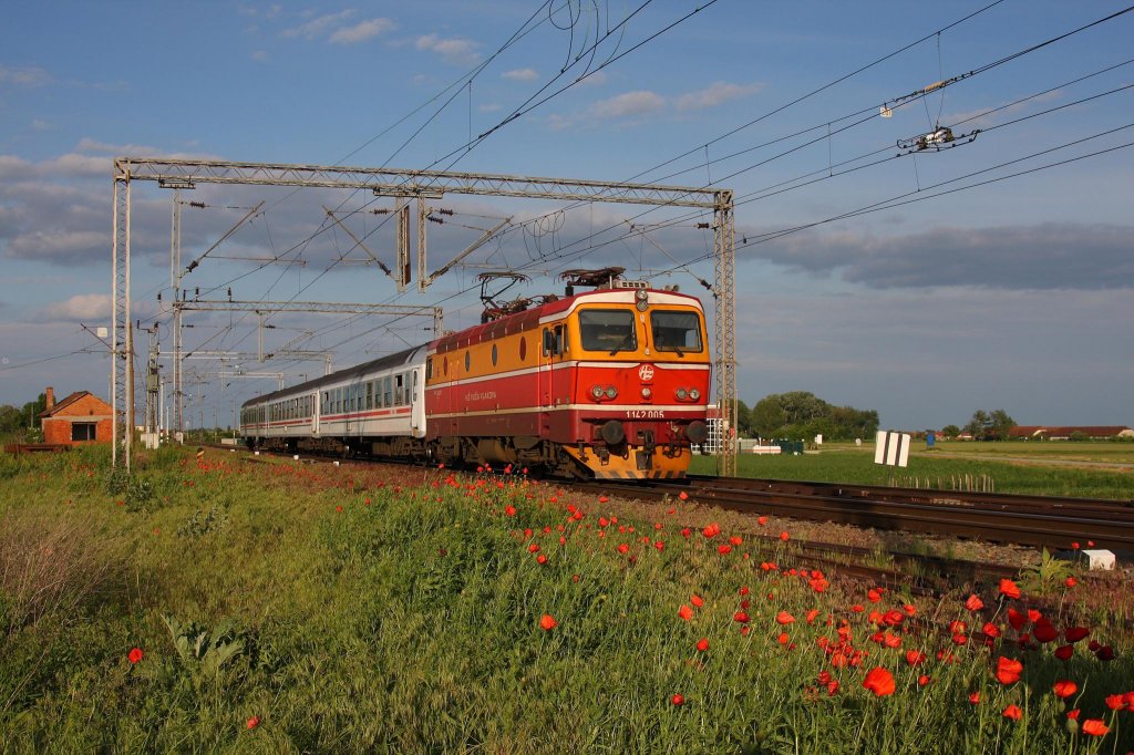 Klatschmohnblte und Abendsonne, da mssen Bilder gelingen.
Die kroatische 1142.006 ist am 13.5.2013 mit einem Schnellzug 
am Stadtrand von Vinkovci unterwegs nach Nouska.