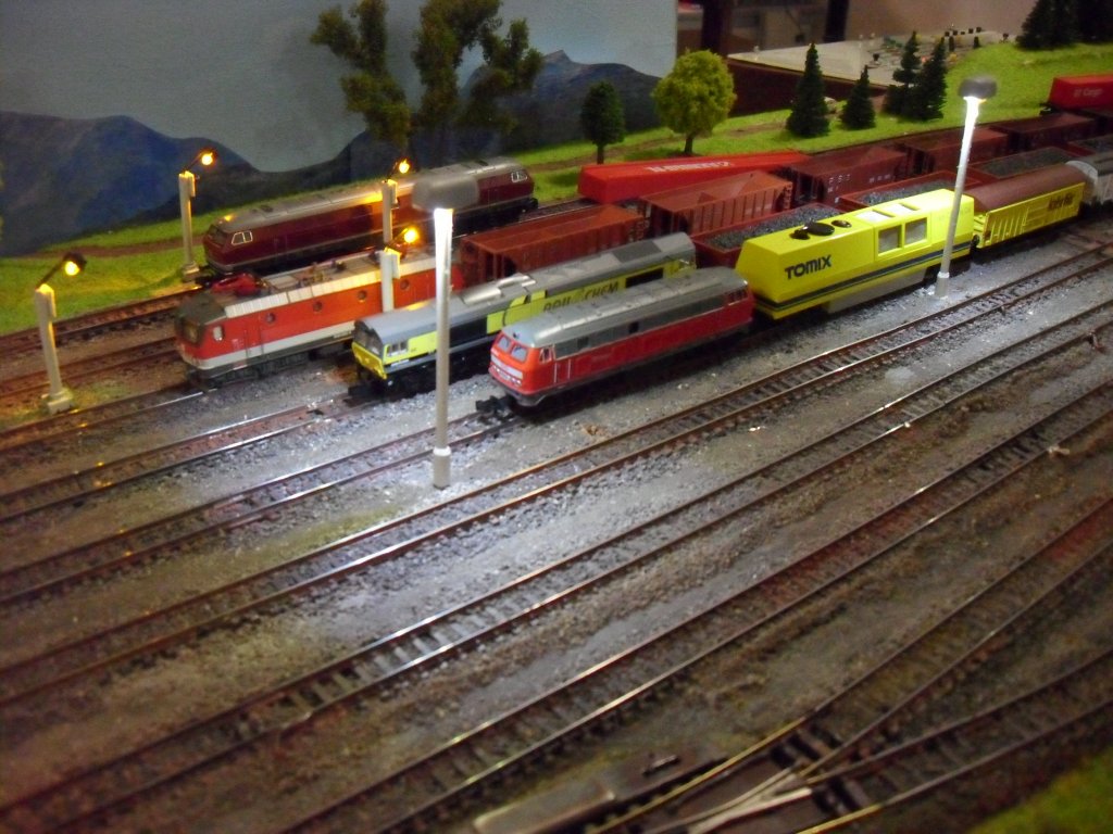 Kleine Lokparade auf der SAM Modellbahn!!!
Hinten DB V320 (SAM)
2 Reihe BB 1044 (SAM)
3 Reihe R4Chem Class 66 (SAM)
Vorne DB 216 (Daniel Michler)
Am 15.5.10