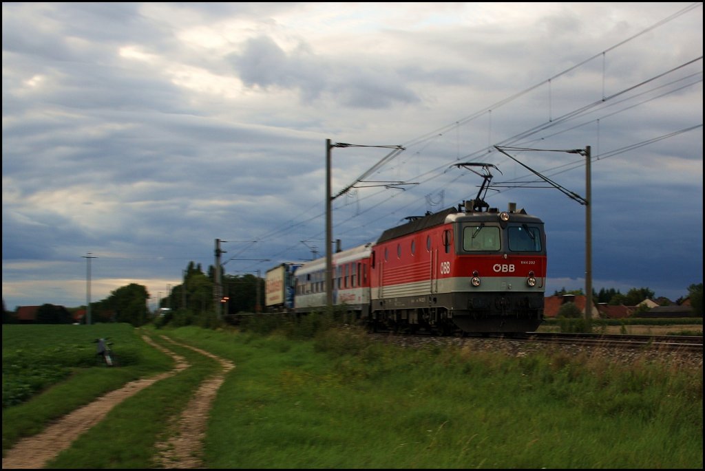 Kleines Experiment mit dem Belichtungszeiten... und herauskahm eine Art Mitzieher. Zu sehen ist die 1144 202 mit der RoLa zum Brenner. (16.08.2010, Kfering, KBS 930)