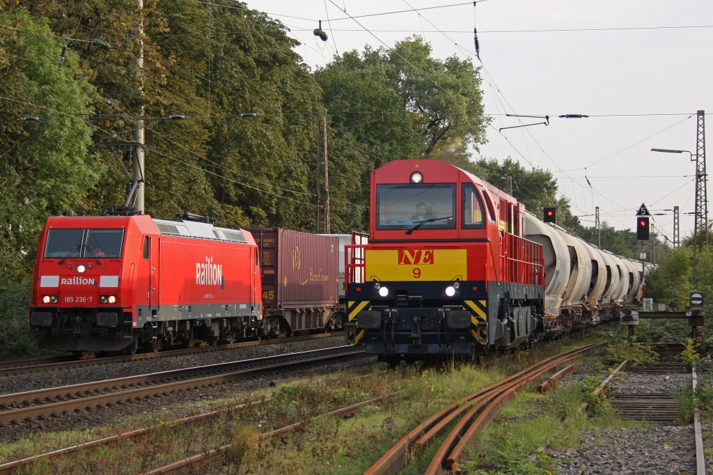 Kleines Rennen:Railion 185 236 am 1.10.10 neben NE 9 in Ratingen-Lintorf