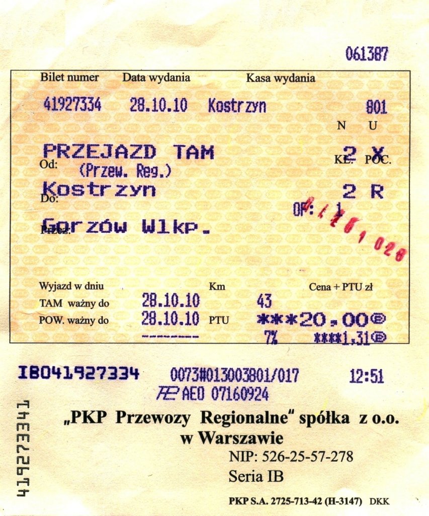 KOSTRZYN nad Odrą (Woiwodschaft Lebus), 28.10.2010, Fahrkarte für zwei Personen nach Gorzów Wielkopolski (einfache Fahrt) -- Fahrkarte eingescannt