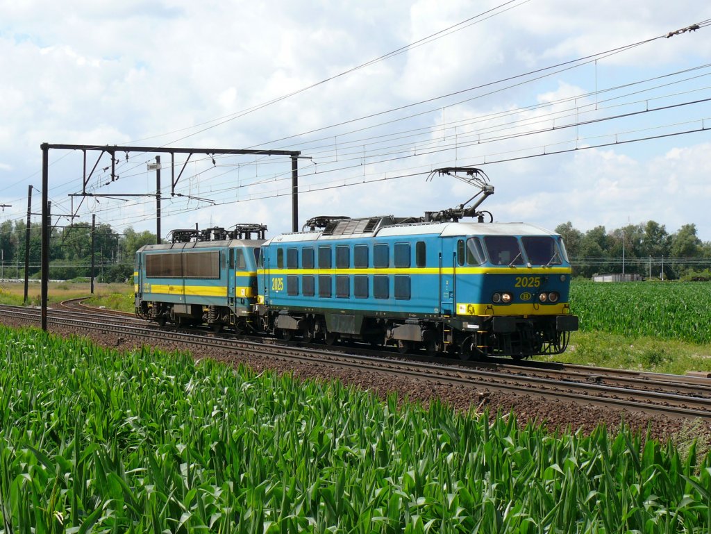 Kraftprotz zieht Leichtgewicht. SNCB-Lok 2025 berfhrt 1203 als Lokzug nach Antwerpen-Noord. Aufgenommen am 17/07/2010 auf der Schleife bei Ekeren.